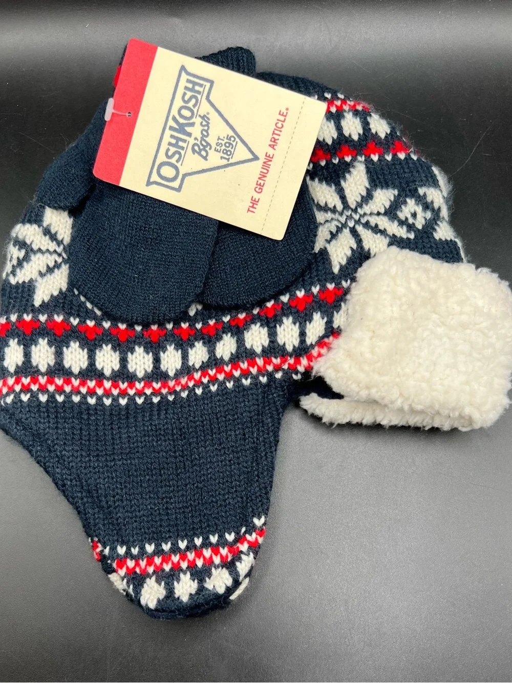 NWT Oshkosh Knit Hat Mittens Size 3-9 Months Ear Flaps Blue Fair Isle